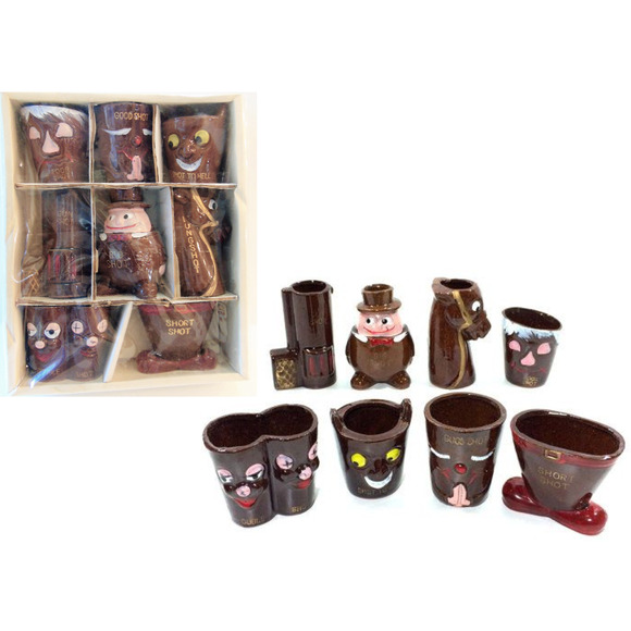 Redware Shot Glasses 8 Clay Pottery Cartoon Bar Cups Big Shot Longshot Dbl Shot - Picture 2 of 12